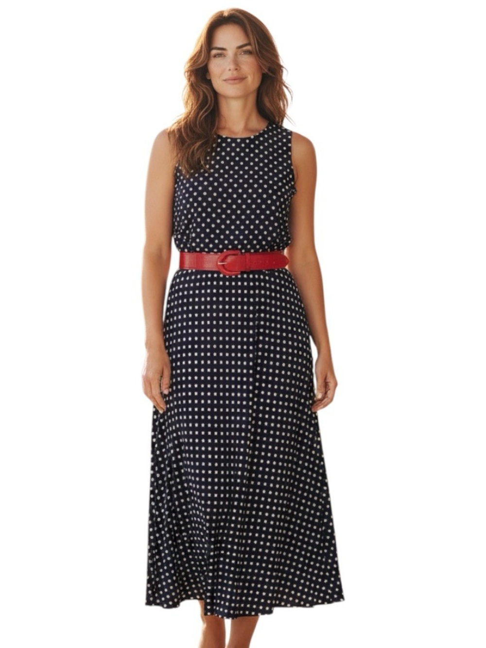 Vintage Casual Corner Womens Midi Dress Polka Dot Navy Blue Red Belt Old Money